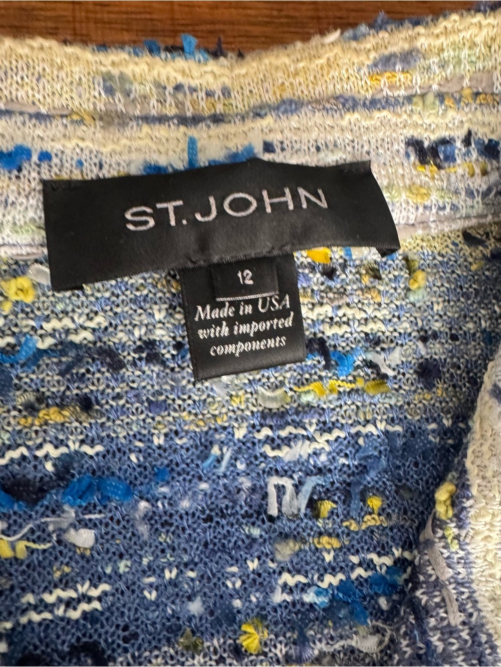 ST.JOHN Women's Tweed Blue Yellow White Gray Fringed Jacket Sz 12 - Picture 4 of 8